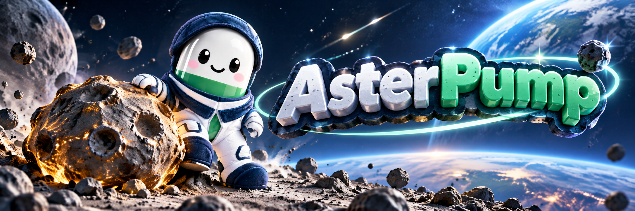 AsterPump banner: the astronaut pill mascot rests a hand on a glowing cratered asteroid on a rocky surface, beside the 3D AsterPump title, with Earth and a planet in the background